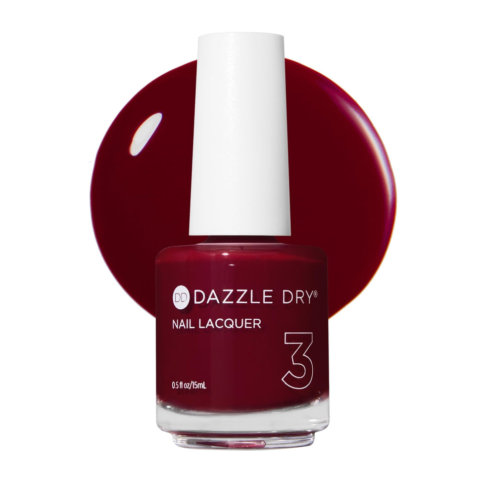 Dazzle Dry front bottle showing cherry-red lacquer and brand for clear identification