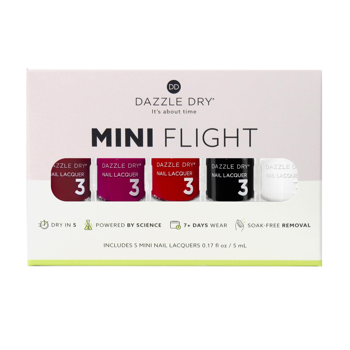Dazzle Dry five mini bottles arranged, clear view of included shades