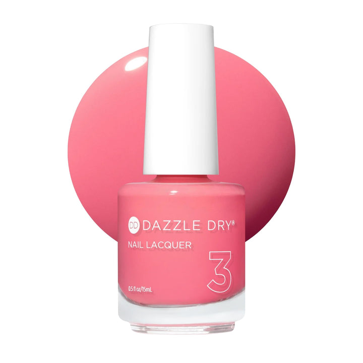Dazzle Dry front bottle showing coral pink shade and brand finish benefit