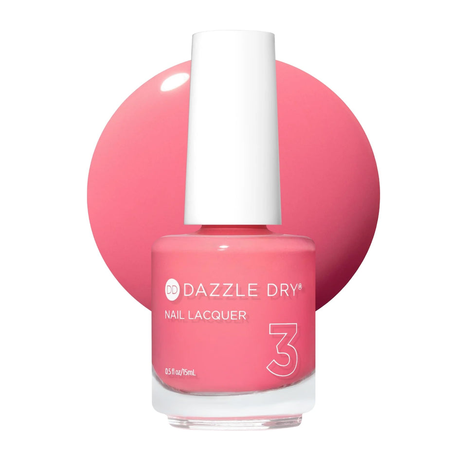 Dazzle Dry front bottle showing coral pink shade and brand finish benefit