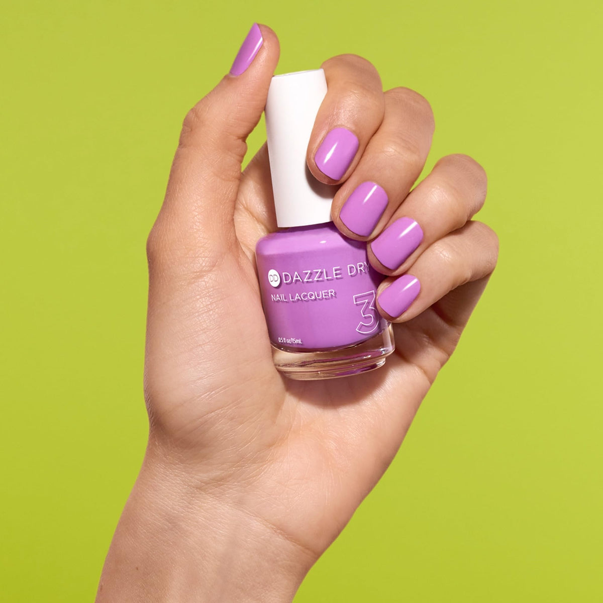 Close-up of the lacquer's cream finish highlighting smooth opaque coverage by Dazzle Dry
