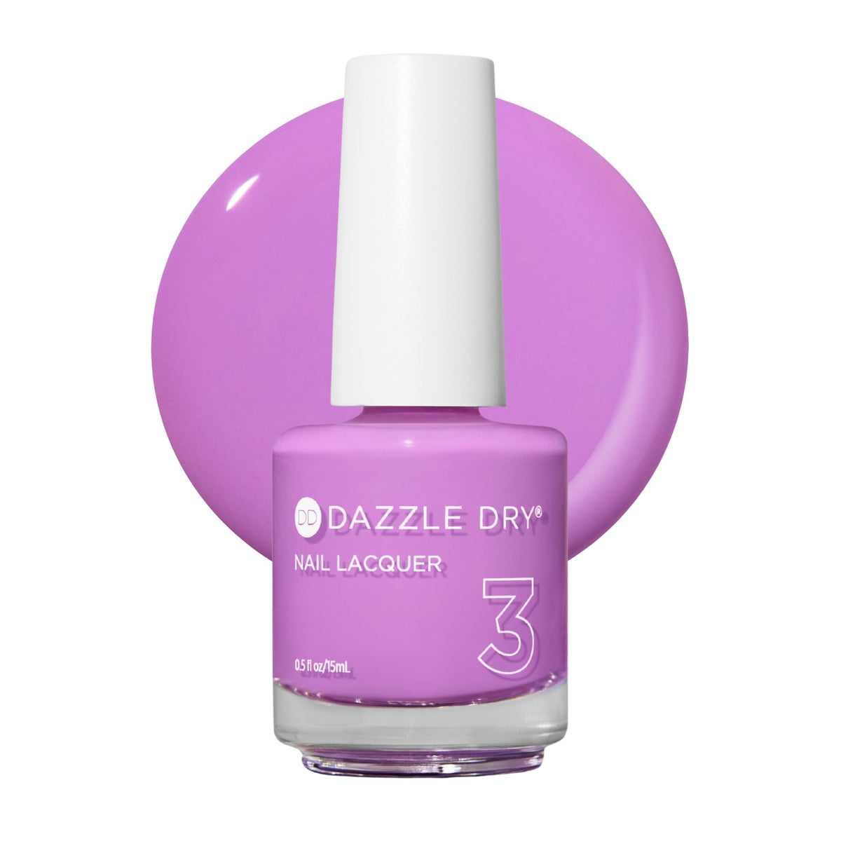 Dazzle Dry bottle front packaging showing orchid purple shade and brand benefits