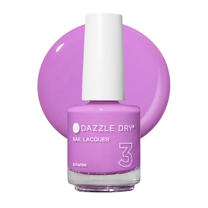 Dazzle Dry bottle front packaging showing orchid purple shade and brand benefits