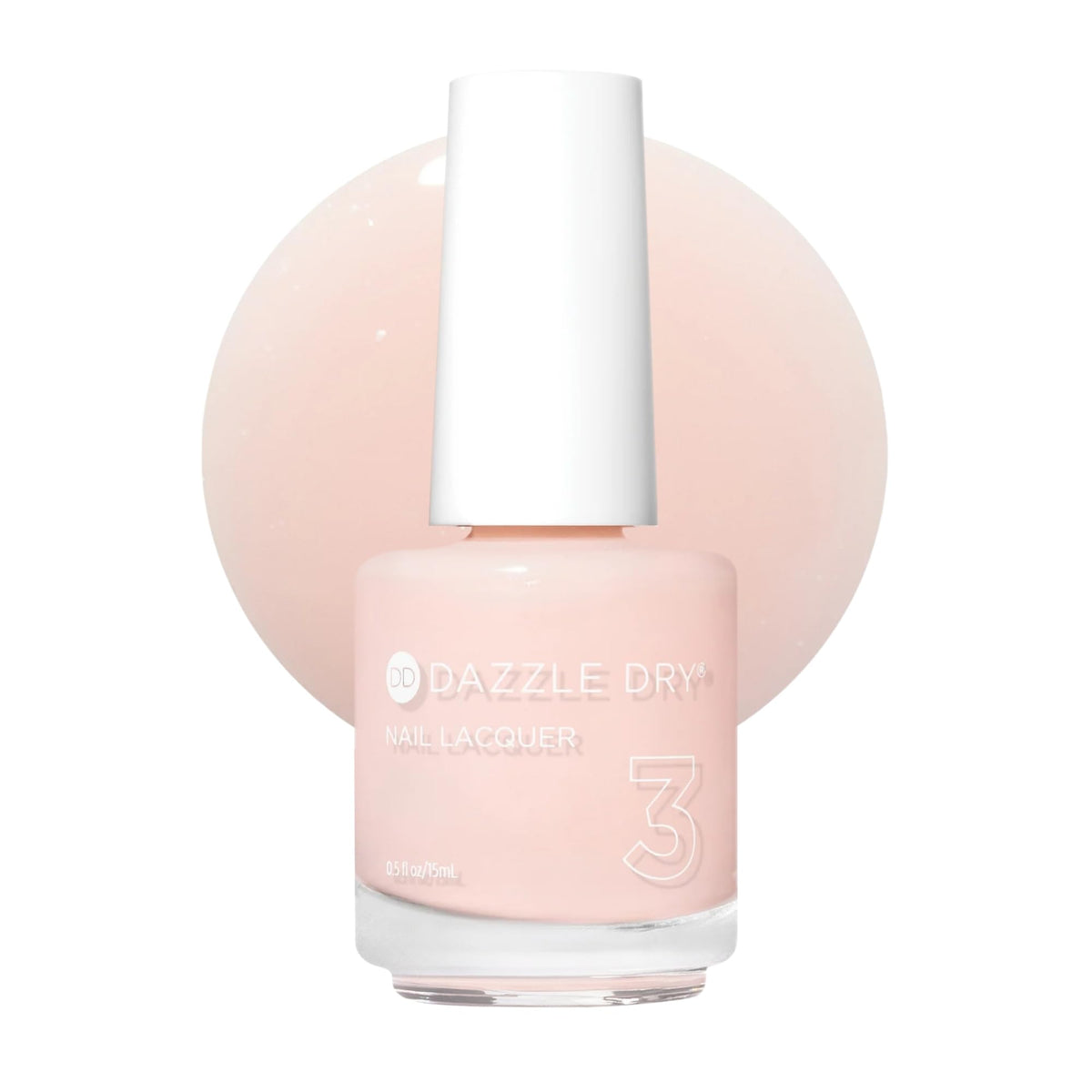 Dazzle Dry bottle front view showing soft pink shade and compact 0.5 fl oz size benefit
