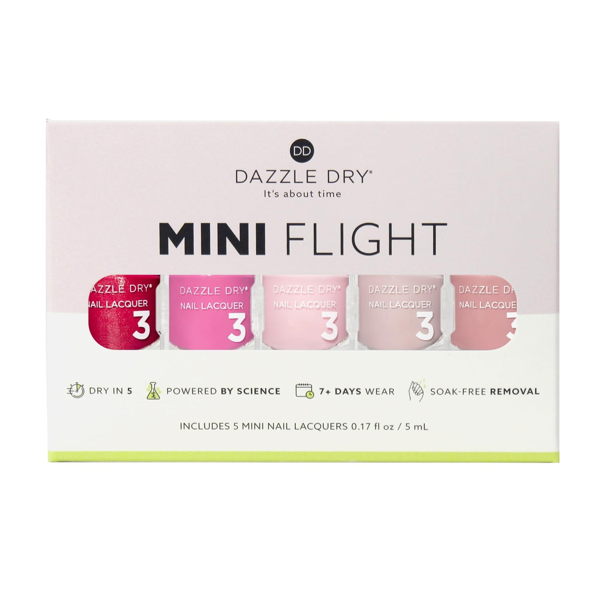 Dazzle Dry five mini bottles lined up, showcasing variety and easy storage benefit
