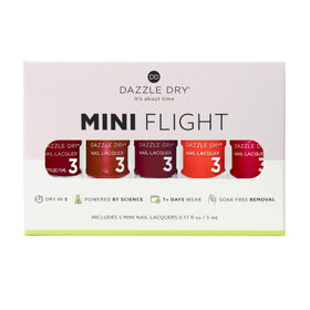 Five Dazzle Dry mini flight bottles fanned out, showcasing color range and easy selection