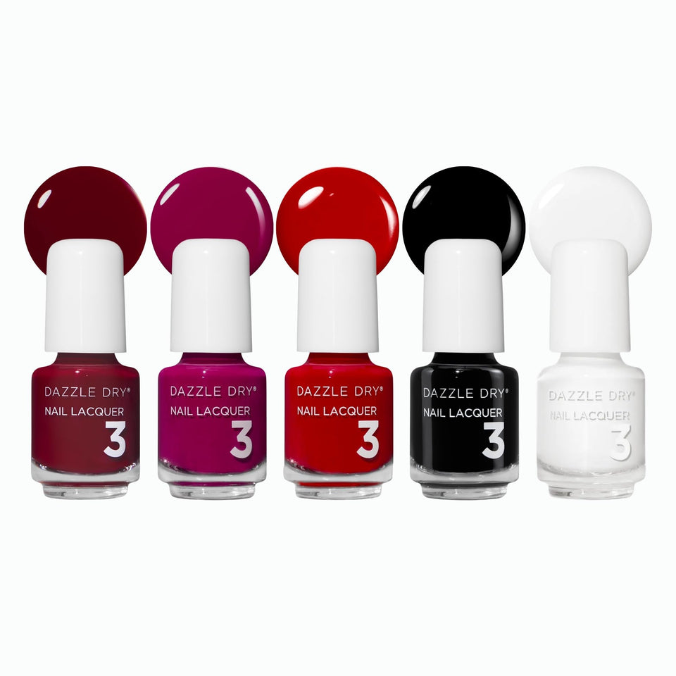 Dazzle Dry front packaging showing five mini lacquers, perfect travel set