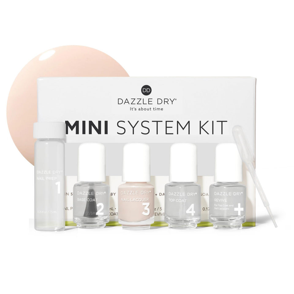 Dazzle Dry front packaging showing complete 5-piece travel kit and benefits