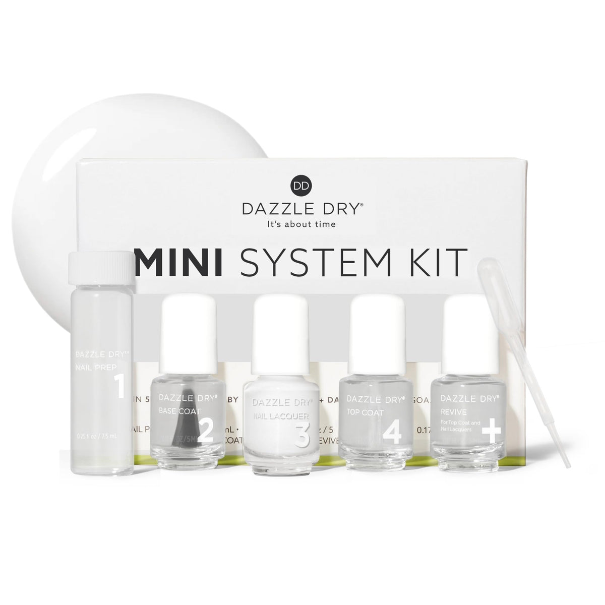 Dazzle Dry mini kit front packaging showing complete five-piece set and benefits