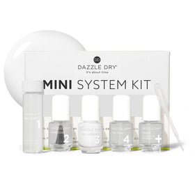 Dazzle Dry mini kit front packaging showing complete five-piece set and benefits