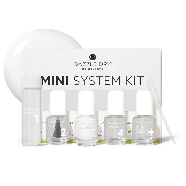 Dazzle Dry mini kit front packaging showing complete five-piece set and benefits