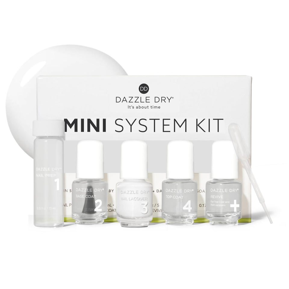 Dazzle Dry mini kit front packaging showing complete five-piece set and benefits