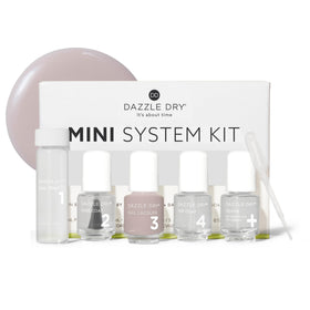 Dazzle Dry front packaging showing the five-piece mini kit and quick benefit