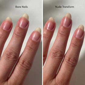 Dazzle Dry product swiped on a nail showing beige nude coverage and smoothing benefit