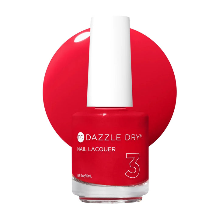 Dazzle Dry Pep Rally bottle front showing bright tomato red shade and brand