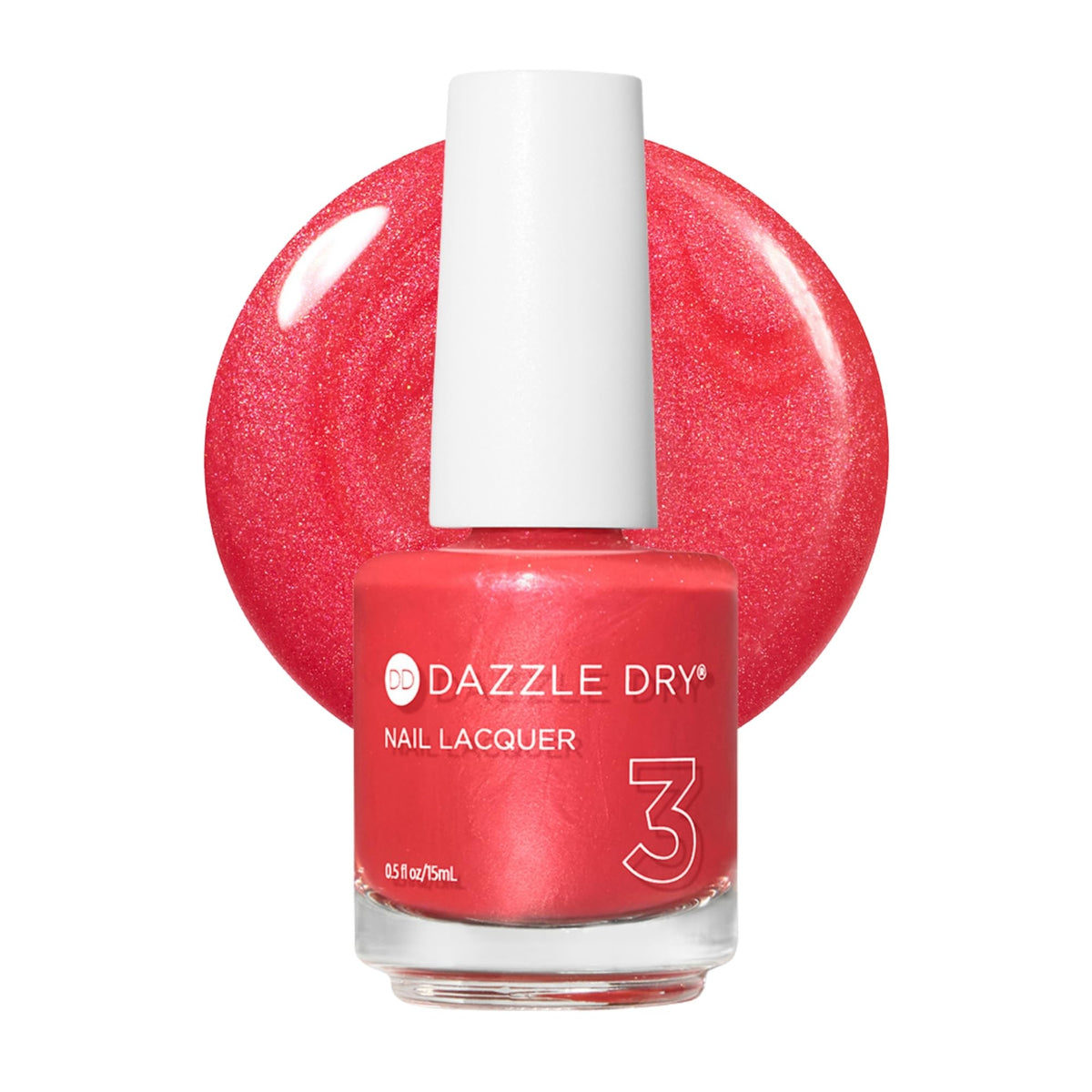 Dazzle Dry front bottle of Poolside Pink showing polished label and shade benefit
