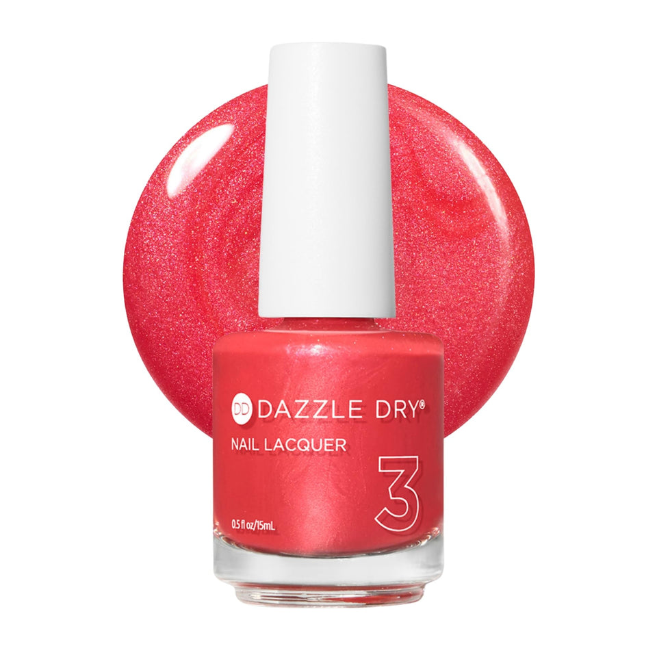 Dazzle Dry front bottle of Poolside Pink showing polished label and shade benefit