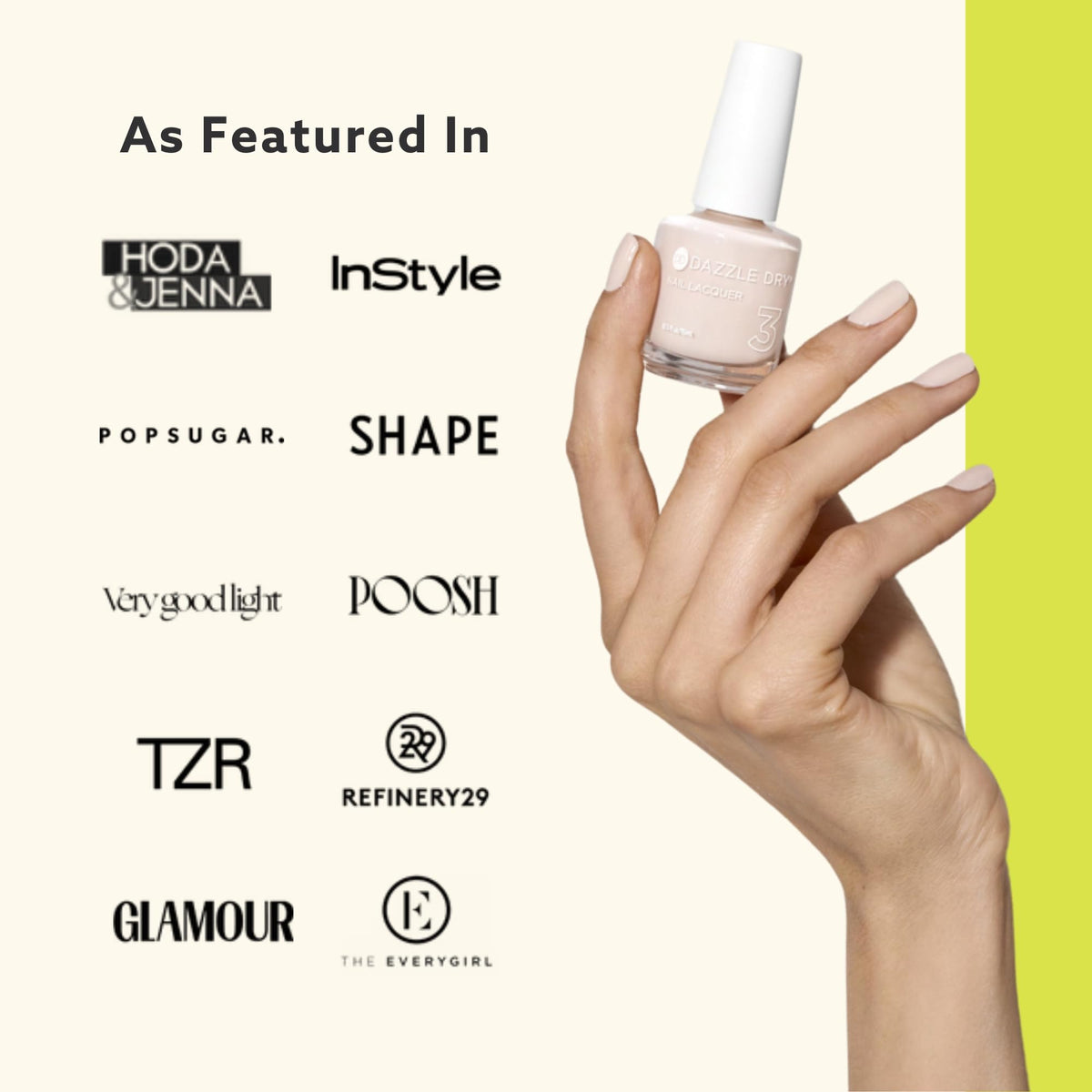 Styled manicure on desk with Dazzle Dry bottle showing professional-look results