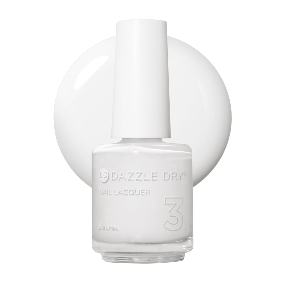 Dazzle Dry front bottle view showing crisp white lacquer and brand logo
