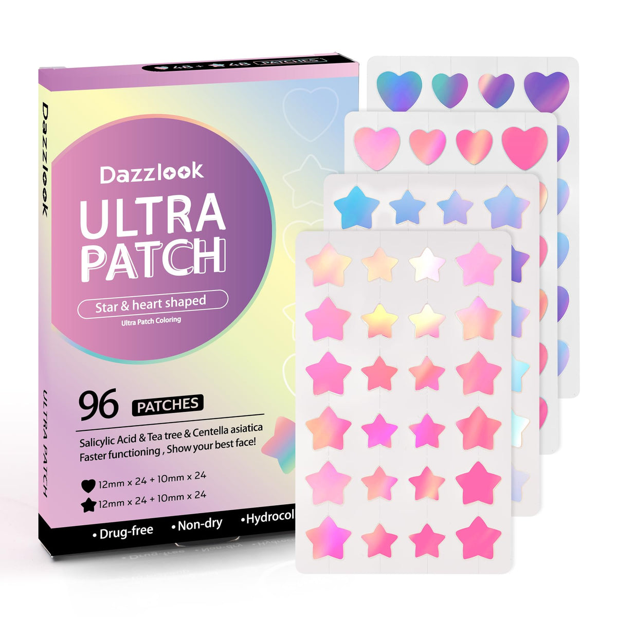 Dazzlook front packaging showing 96 iridescent patches and playful design benefit