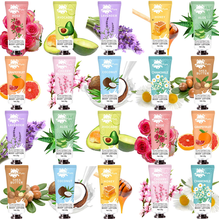 DBEAUTYM front packaging of 20-pack travel lotions showing variety and convenience