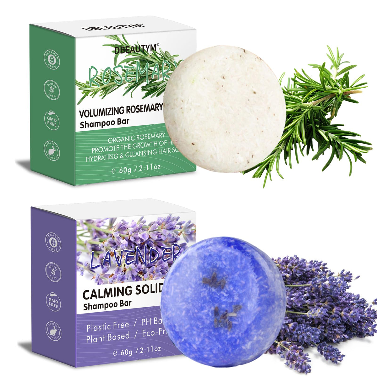 DBEAUTYM front packaging showing two rosemary lavender shampoo bars and benefits