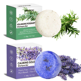 DBEAUTYM front packaging showing two rosemary lavender shampoo bars and benefits