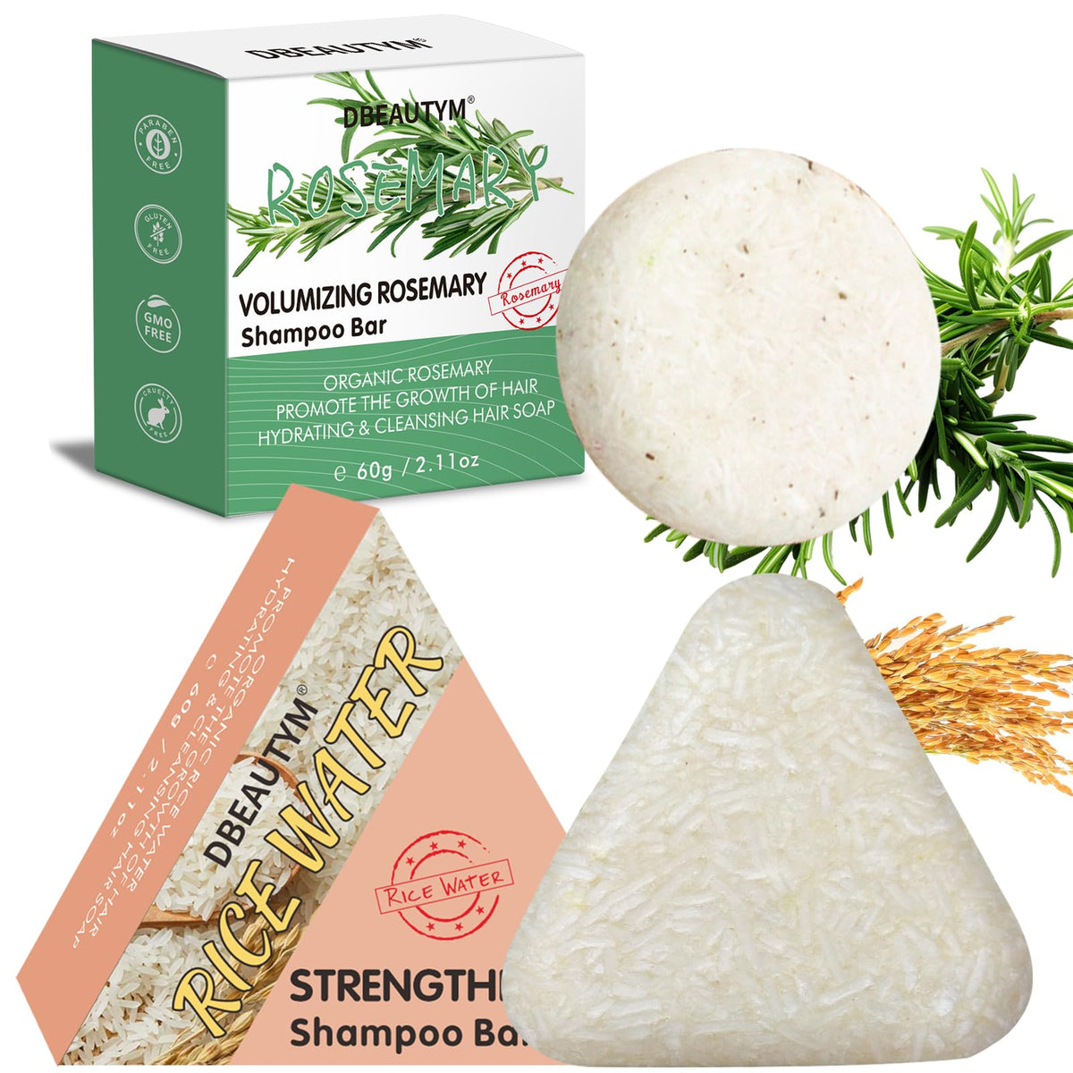 DBEAUTYM front packaging showing two solid shampoo bars and benefits