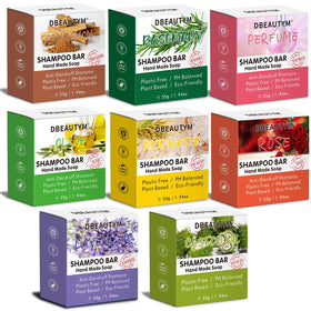 DBEAUTYM front packaging showing eight shampoo bar variety and two bubble nets for easy selection