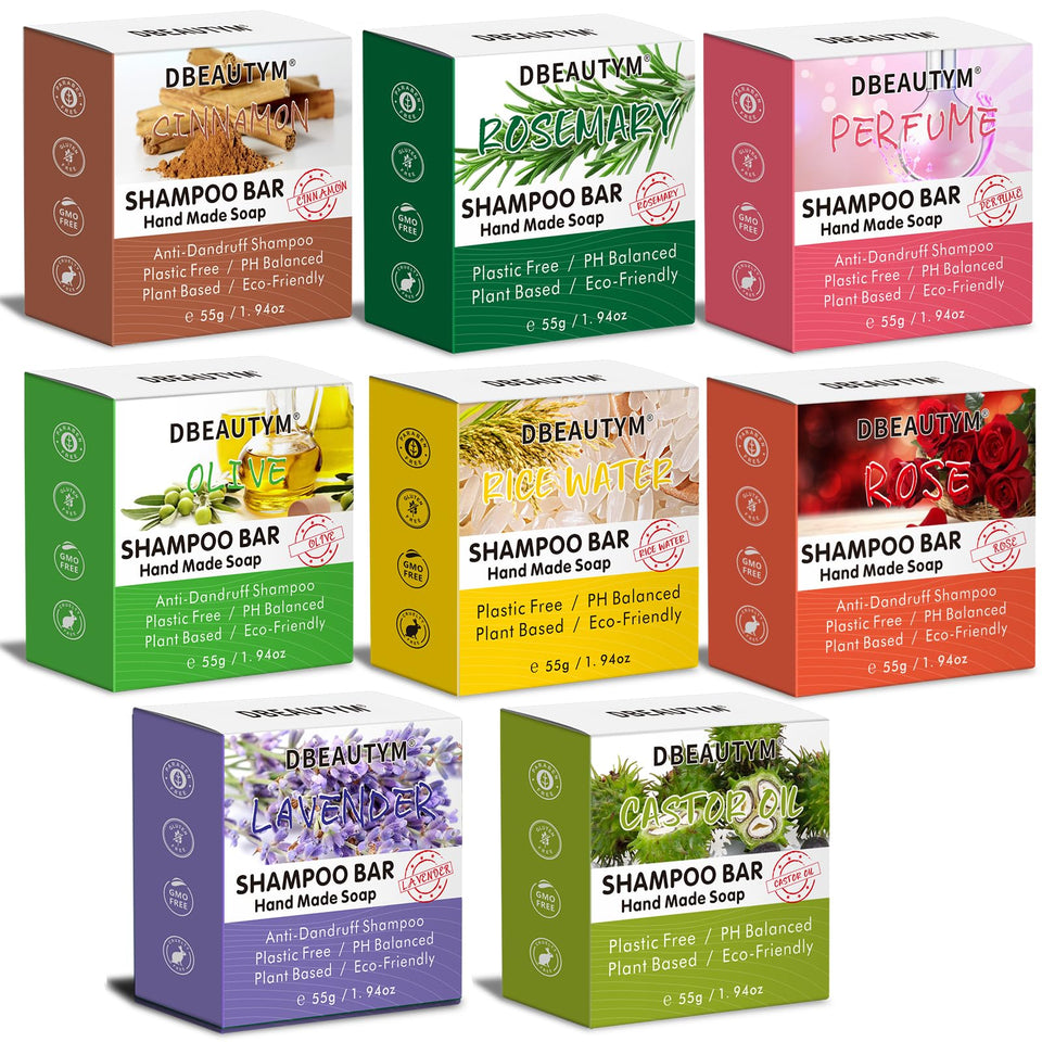 DBEAUTYM front packaging showing eight shampoo bar variety and two bubble nets for easy selection
