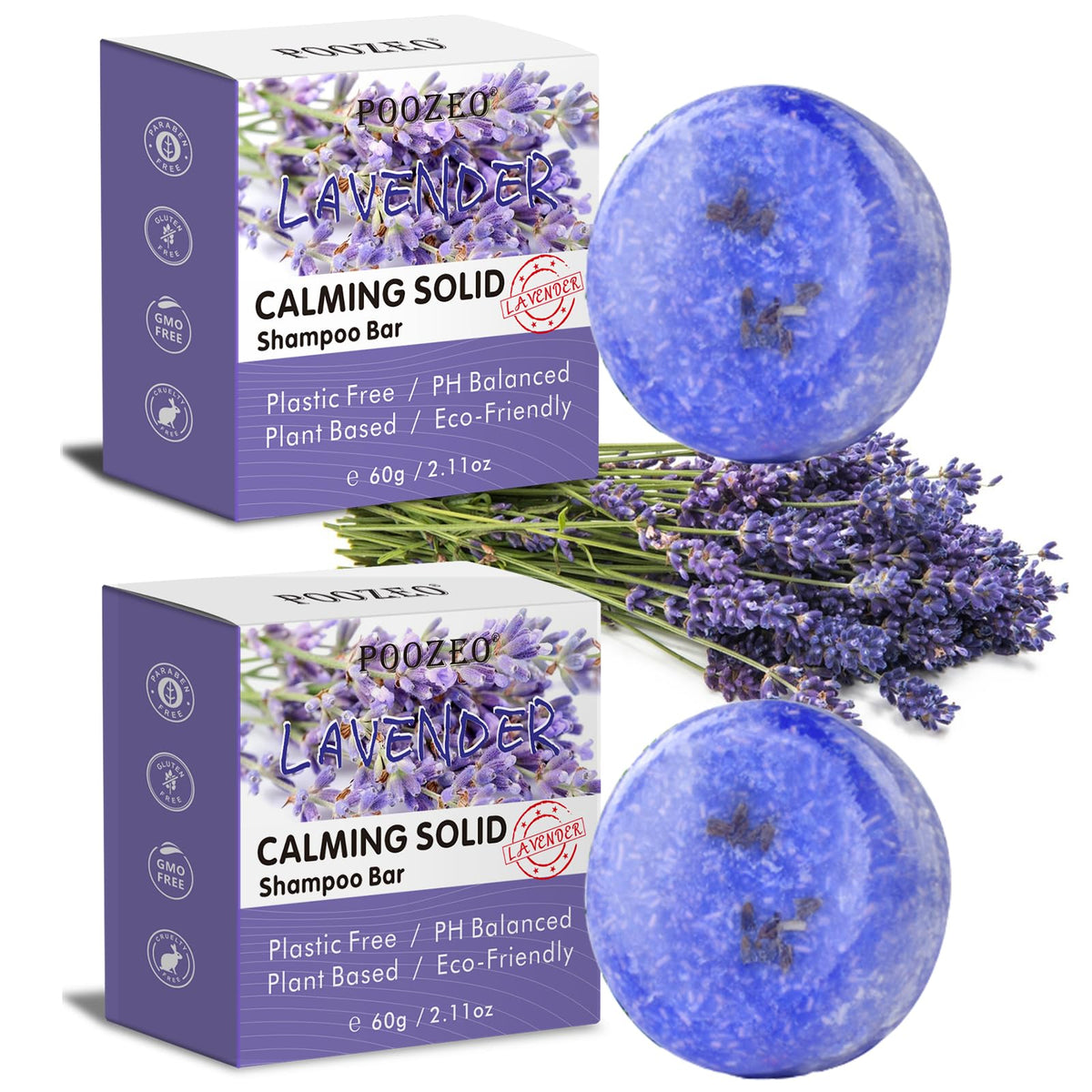 DBEAUTYM lavender shampoo bar front packaging showing eco benefits and scent