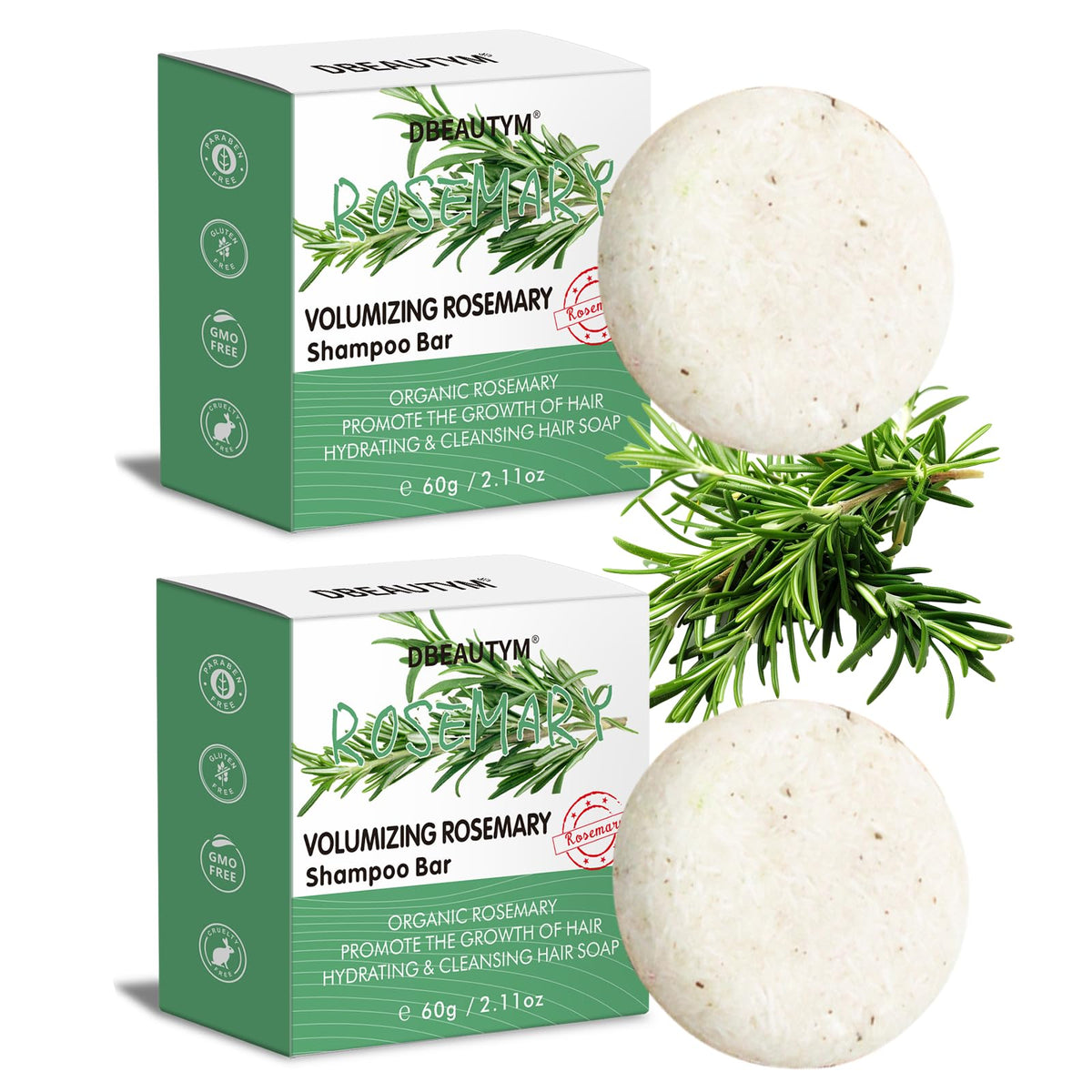 DBEAUTYM front packaging of rosemary shampoo bar shows compact eco-friendly design and benefit