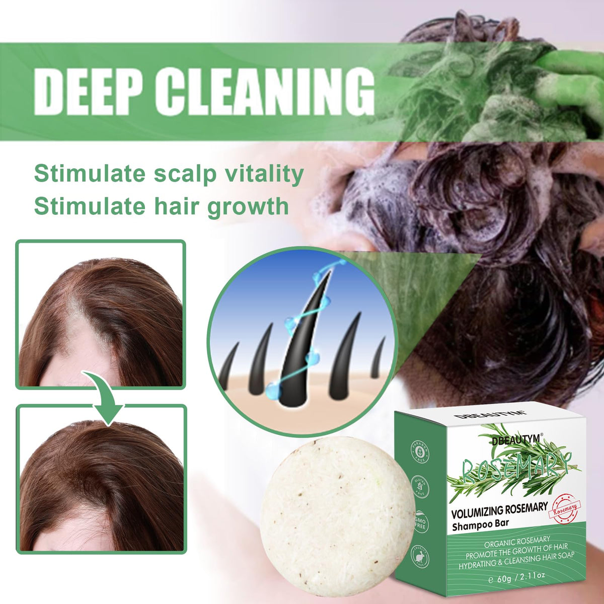 DBEAUTYM rich foam created by rosemary shampoo bar demonstrating deep cleansing benefit