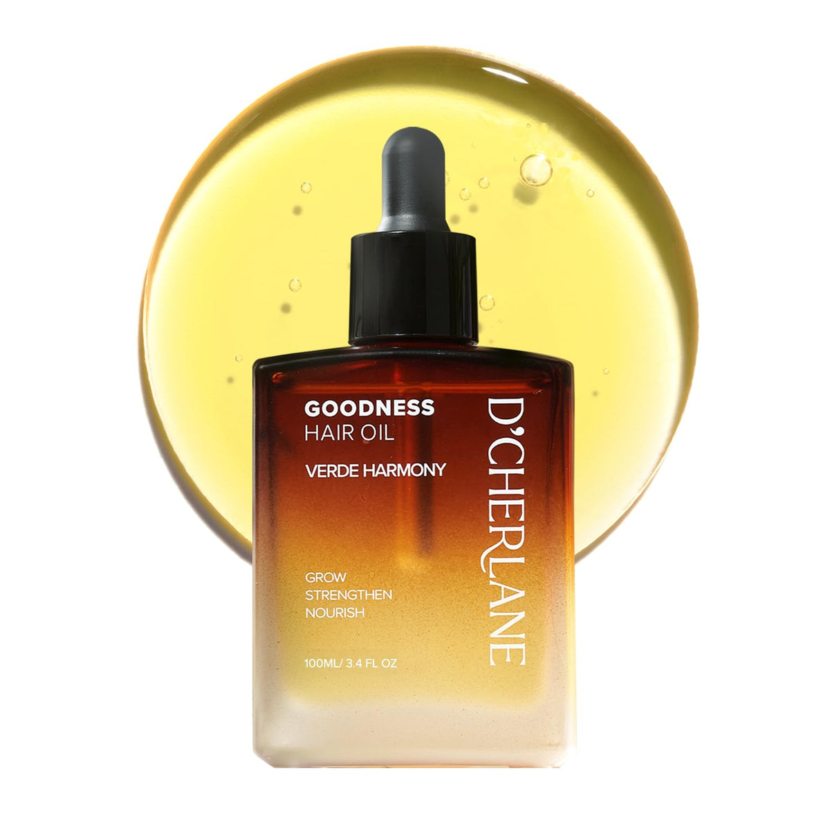 D'Cherlane amber bottle front packaging showing elegant design and nourishing oil benefit
