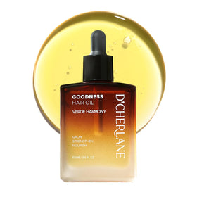 D'Cherlane amber bottle front packaging showing elegant design and nourishing oil benefit