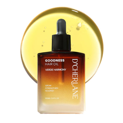 D'Cherlane amber bottle front packaging showing elegant design and nourishing oil benefit