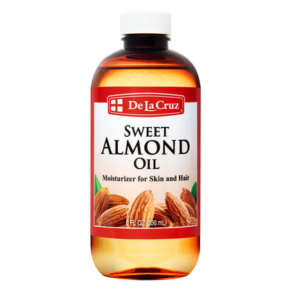 De La Cruz almond oil front bottle showing clean labeling and size benefit