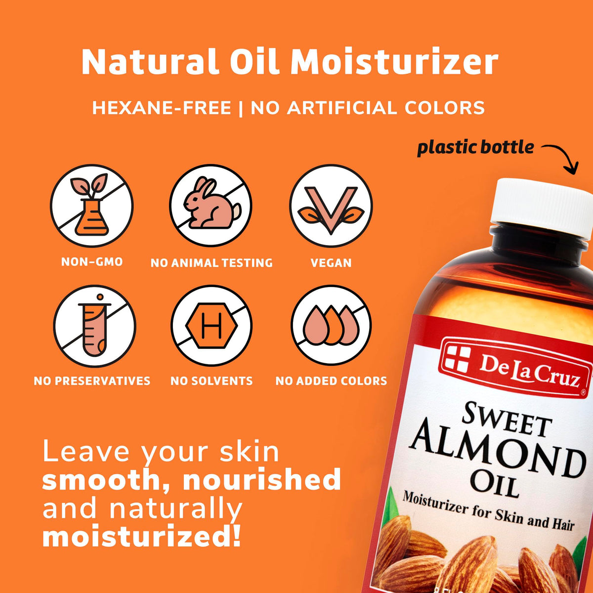 De La Cruz almond oil label closeup showing expeller-pressed and hexane-free benefit