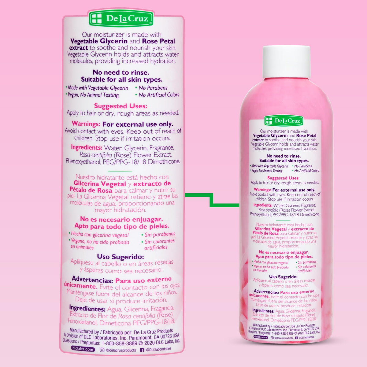 De La Cruz back label close-up showing ingredients and usage instructions