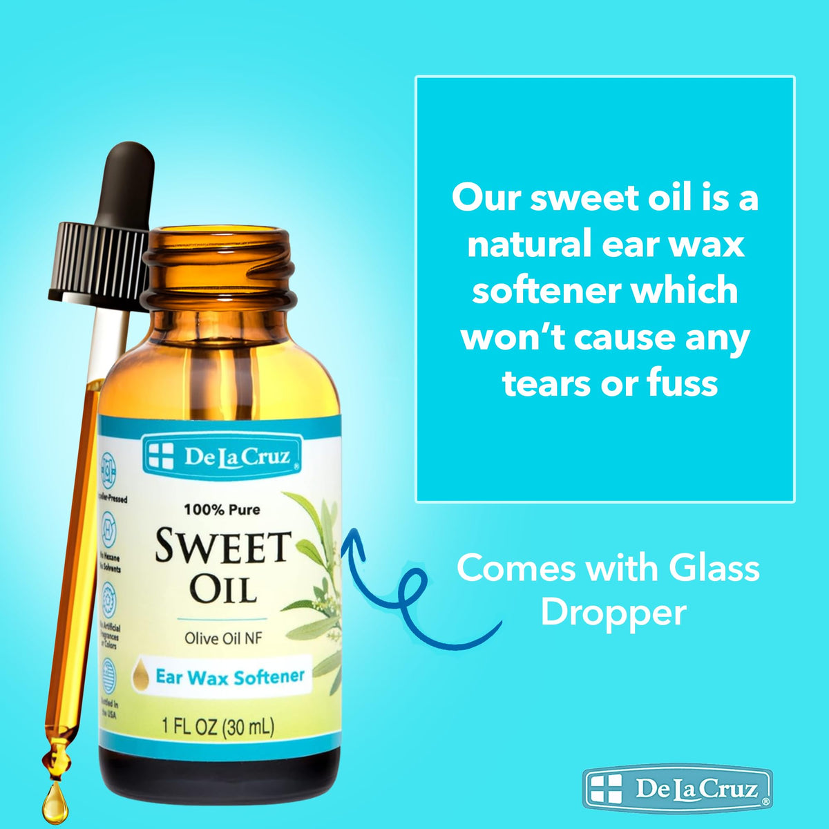 De La Cruz bottle and dropper tip detail for precise application