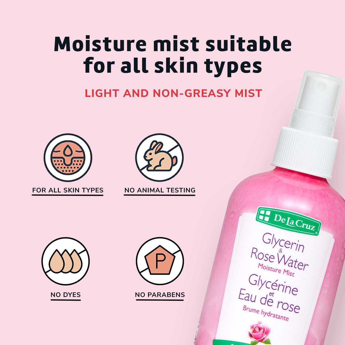 De La Cruz ingredients label close-up showing rose extract and glycerin benefits