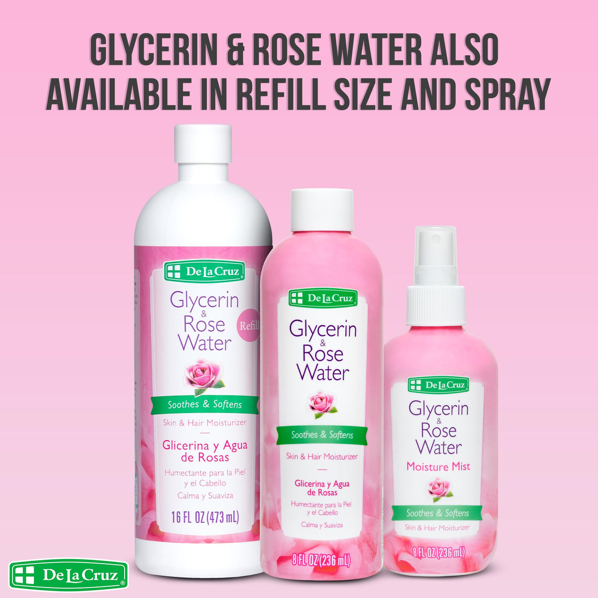 De La Cruz rose petals beside glycerin bottle emphasizing natural ingredients