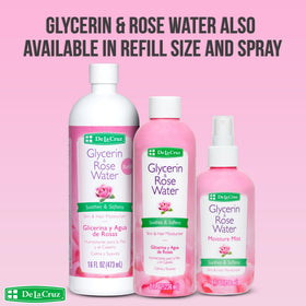 De La Cruz rose petals beside glycerin bottle emphasizing natural ingredients
