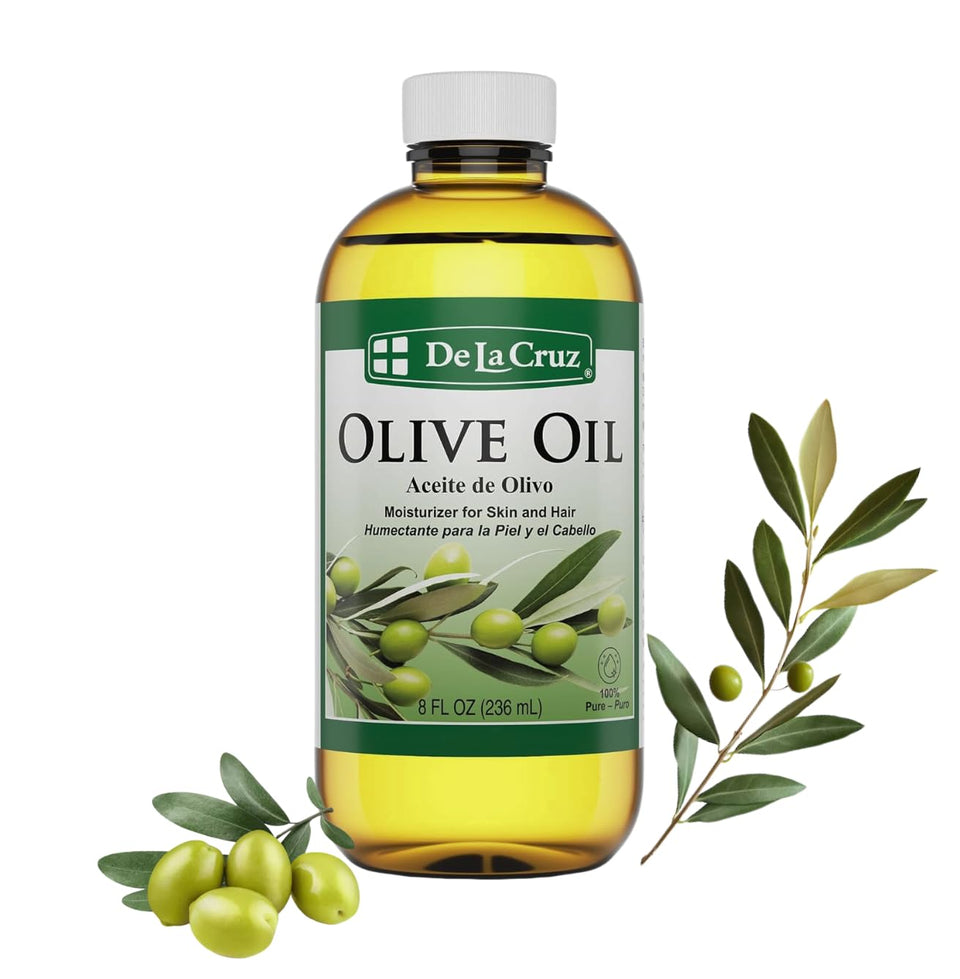 De La Cruz bottle front view highlighting lightweight olive oil for nourishing skin and hair