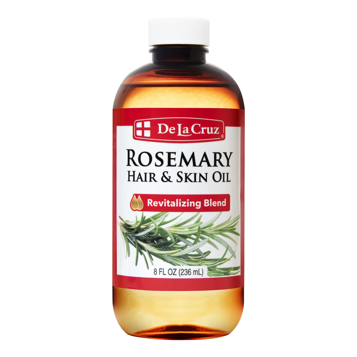 De La Cruz front bottle showing rosemary oil moisturizer and benefits