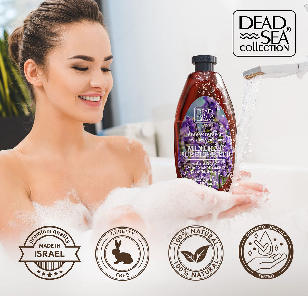 Dead Sea Collection lifestyle tub scene promoting calm, spa-like soak