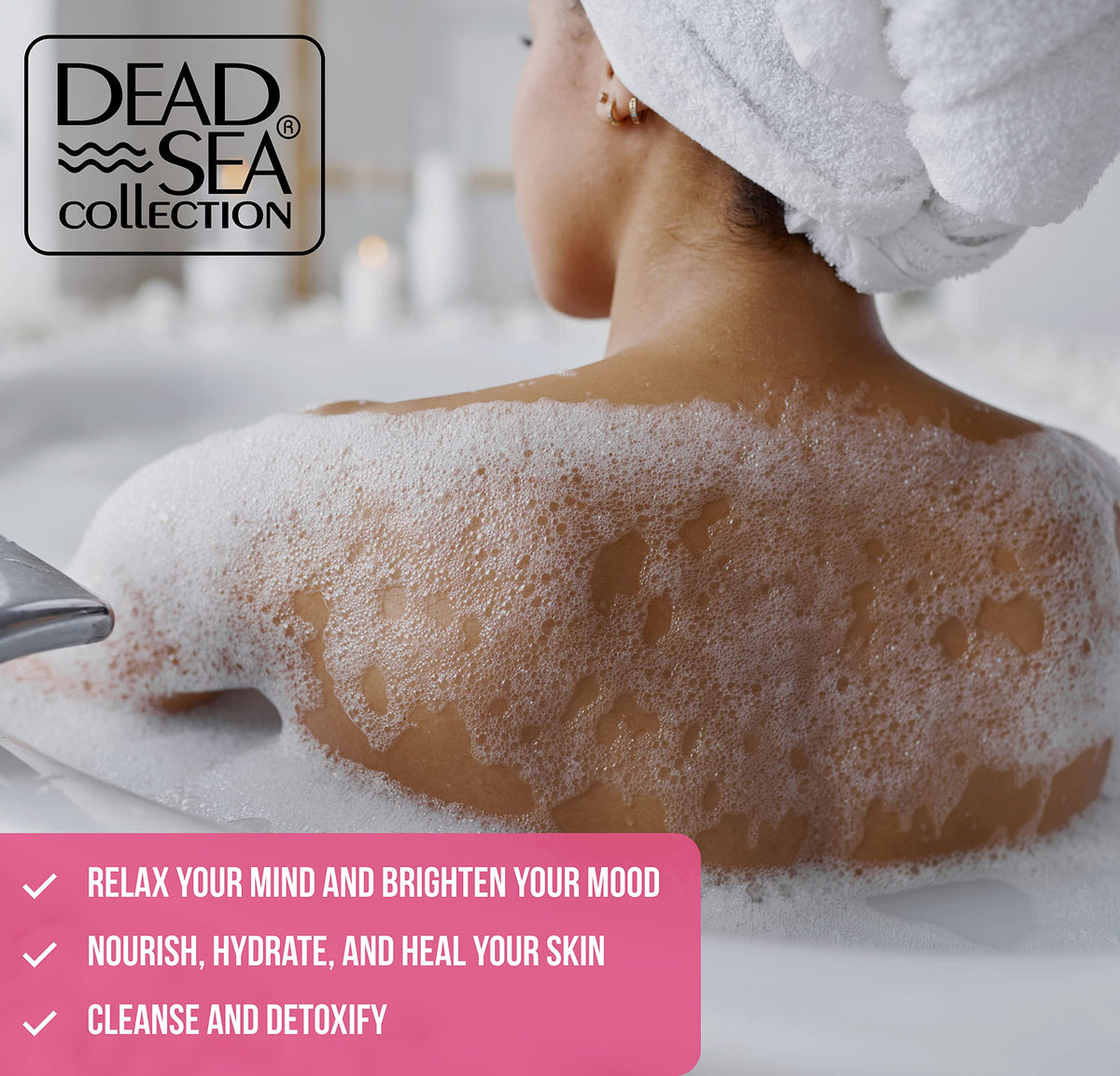 Dead Sea Collection bottle pouring into bath demonstrating relaxing aromatic soak benefit