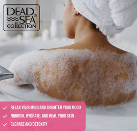 Dead Sea Collection bottle pouring into bath demonstrating relaxing aromatic soak benefit