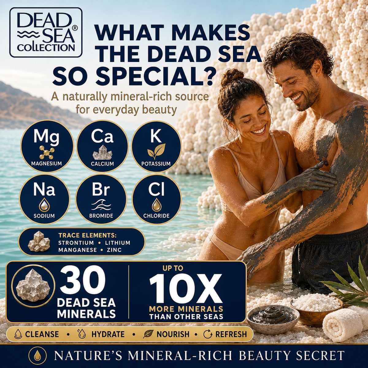 Dead Sea Collection pump detail demonstrating easy one-handed dispensing benefit