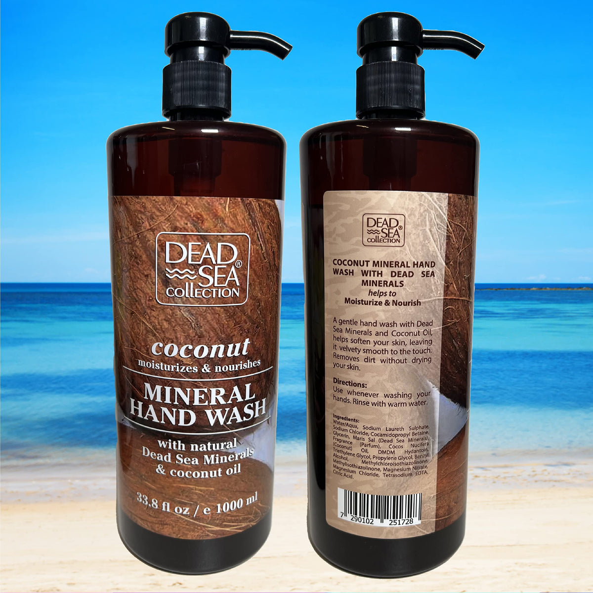 Dead Sea Collection coconut and mineral salts flatlay showing scent and natural ingredients